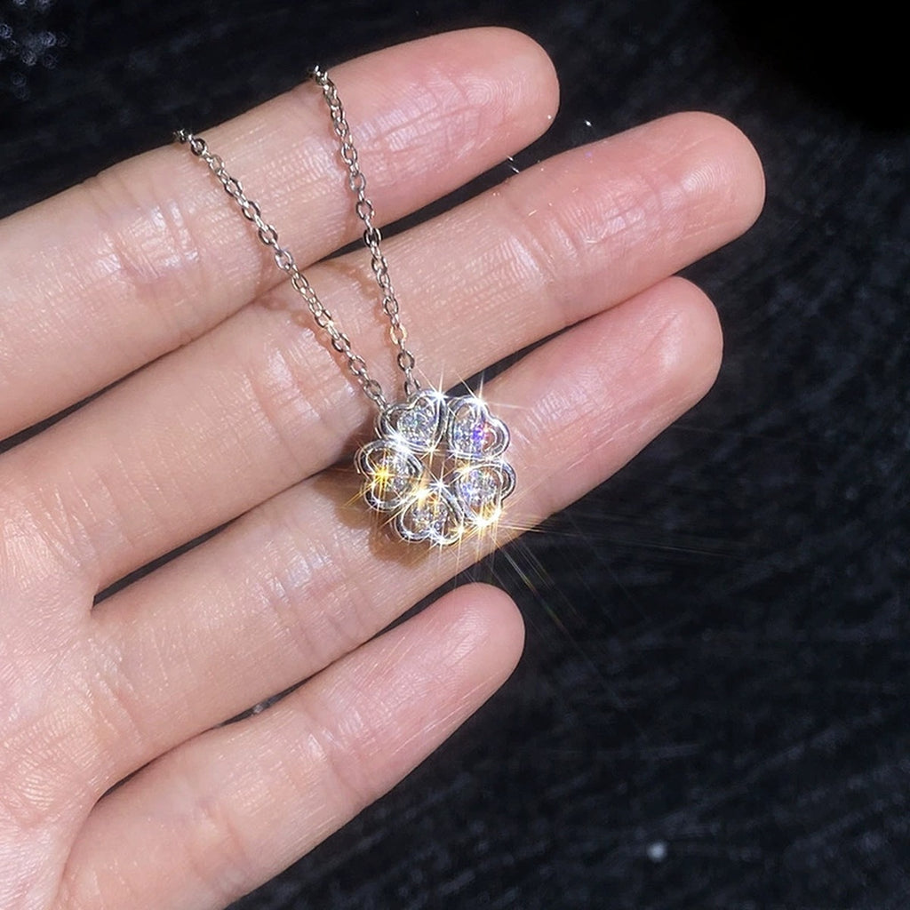 Clover Moissanite Pendant Necklace in Platinum-Plated S925 Sterling Silver worn on neckline by model