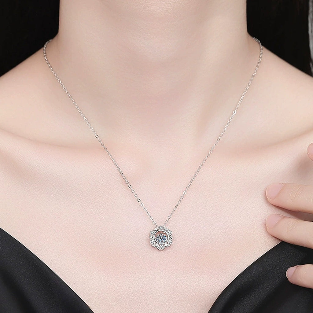 Circle Halo Moissanite Pendant Necklace with Cubic Zirconia in Platinum-Plated S925 Sterling Silver worn on neckline by model