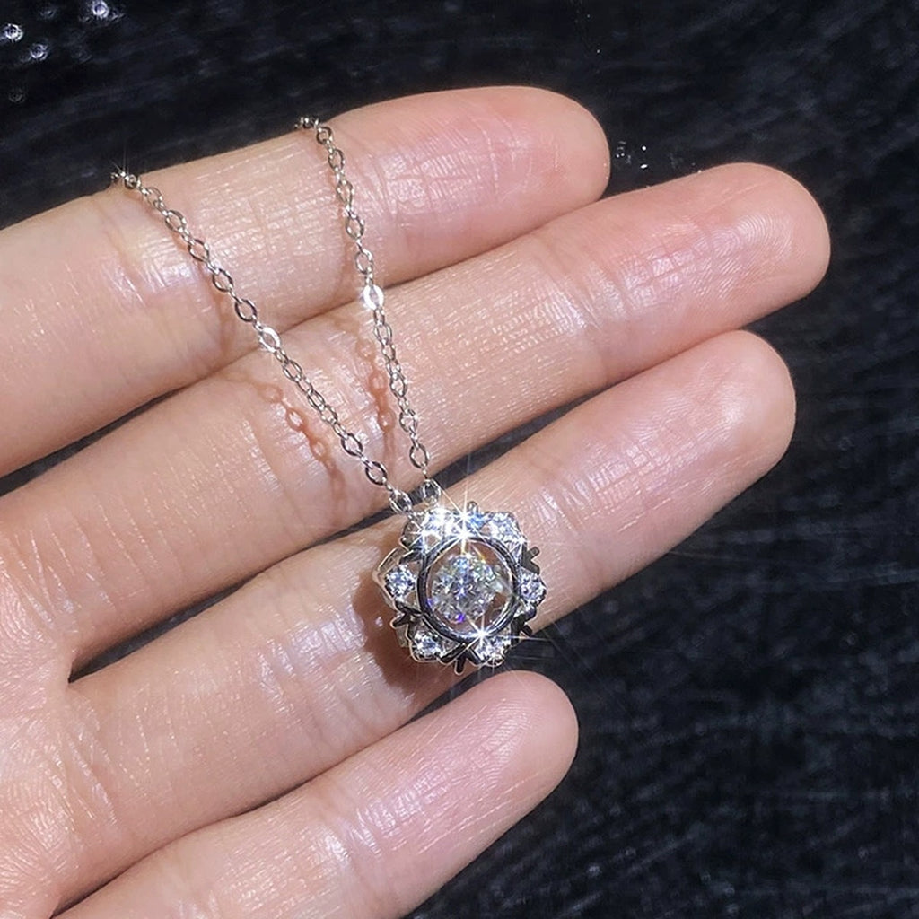 Circle Halo Moissanite Pendant Necklace with Cubic Zirconia in Platinum-Plated S925 Sterling Silver worn on neckline by model