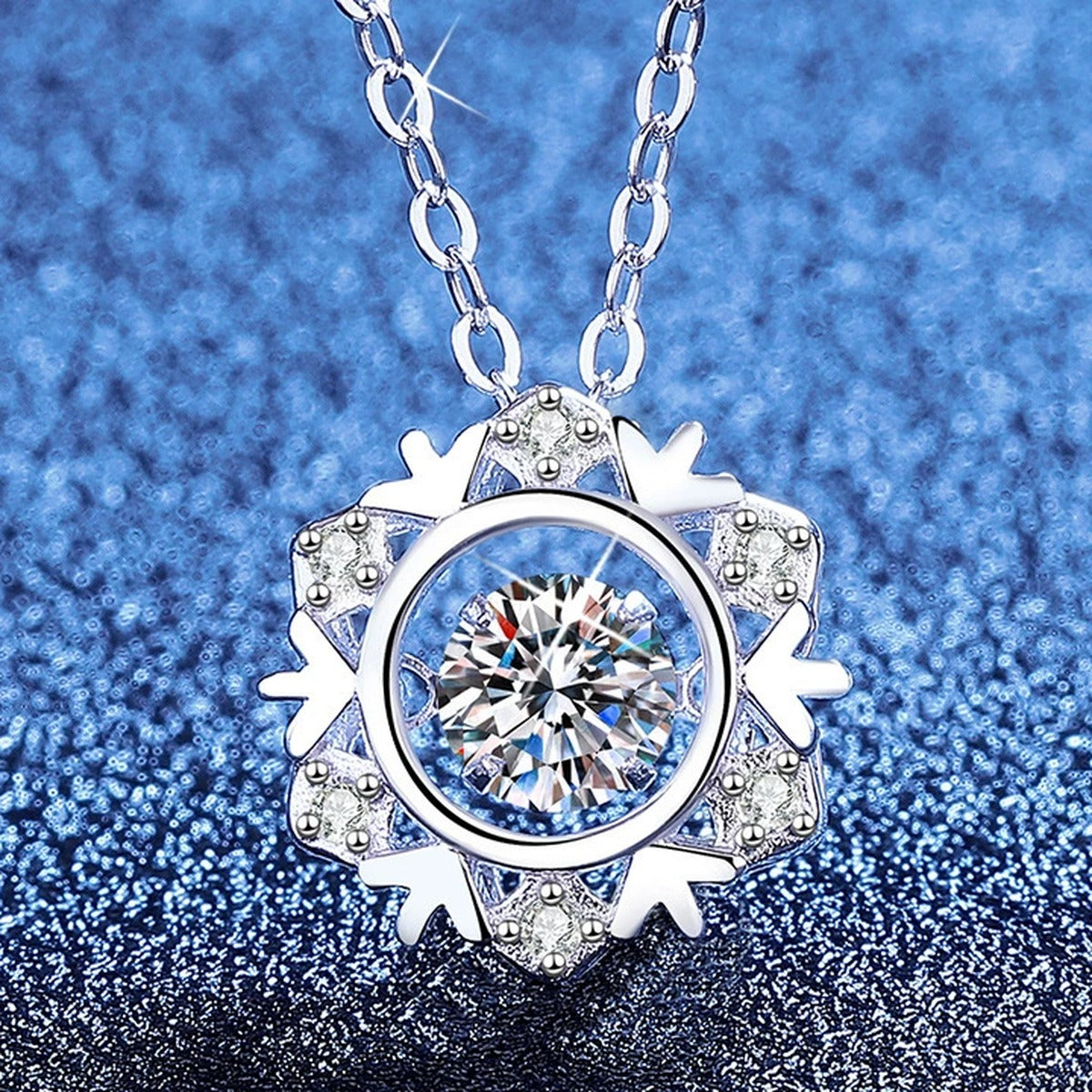 Circle Halo Moissanite Pendant Necklace with Cubic Zirconia in Platinum-Plated S925 Sterling Silver blue background angled view