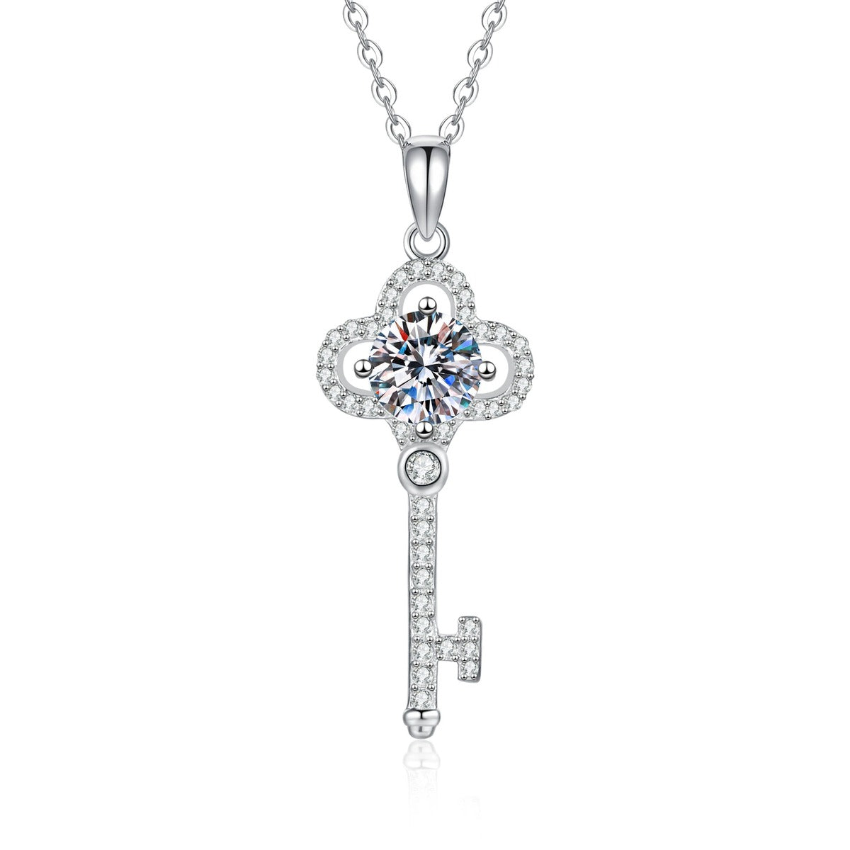 Cross Moissanite Pendant Necklace with Cubic Zirconia in Platinum-Plated S925 Sterling Silver on clean white background showing the slender cross pendant with a round moissanite center