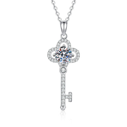 Cross Moissanite Pendant Necklace with Cubic Zirconia in Platinum-Plated S925 Sterling Silver on clean white background showing the slender cross pendant with a round moissanite center