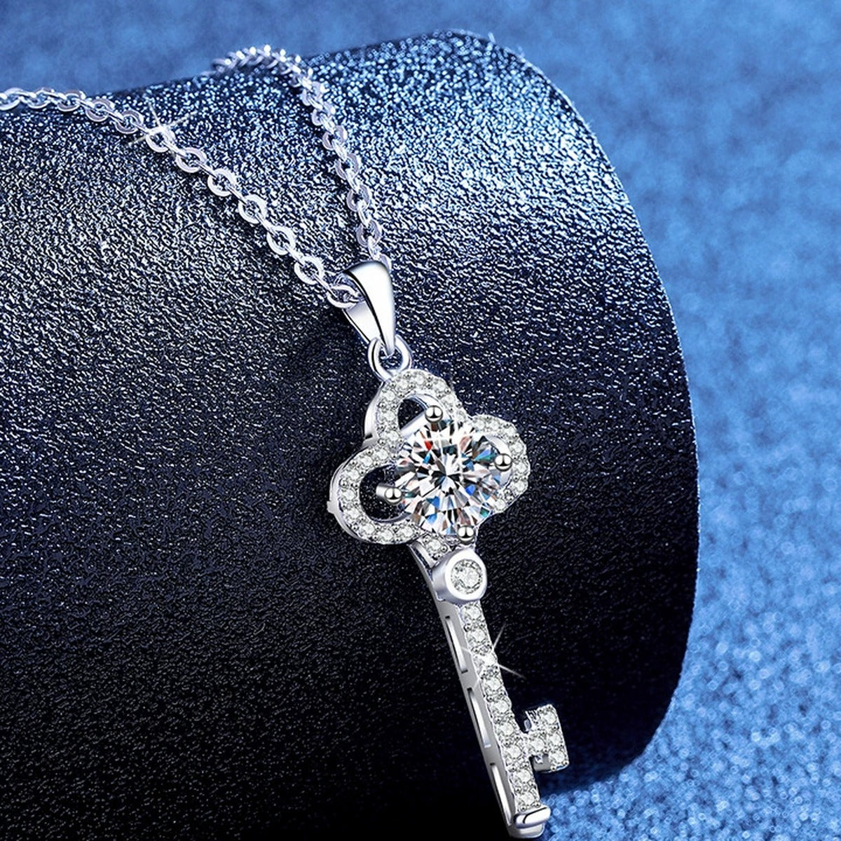 Cross Moissanite Pendant Necklace with Cubic Zirconia in Platinum-Plated S925 Sterling Silver blue background product view