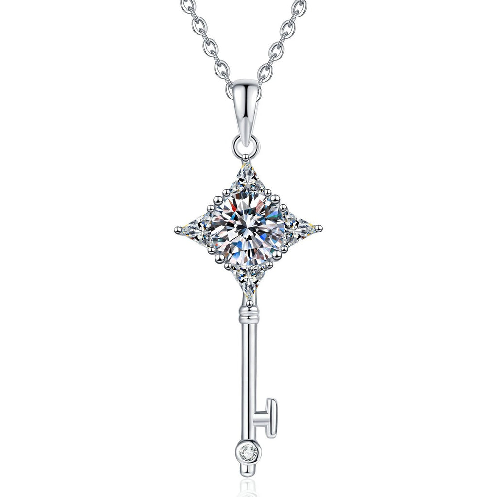 Kite Halo Moissanite Pendant Necklace with Cubic Zirconia in Platinum-Plated S925 Sterling Silver on clean white background showing the kite-shaped halo pendant with a round moissanite center