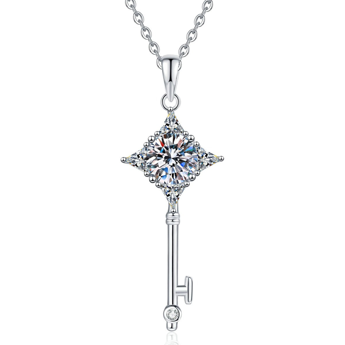 Kite Halo Moissanite Pendant Necklace with Cubic Zirconia in Platinum-Plated S925 Sterling Silver on clean white background showing the kite-shaped halo pendant with a round moissanite center