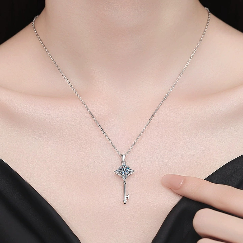 Kite Halo Moissanite Pendant Necklace with Cubic Zirconia in Platinum-Plated S925 Sterling Silver worn on neckline by model