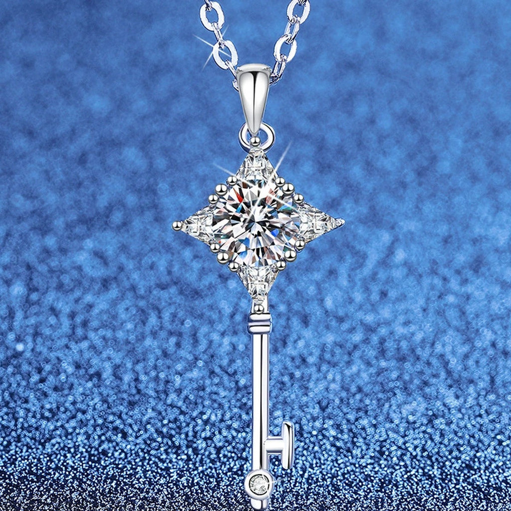 Kite Halo Moissanite Pendant Necklace with Cubic Zirconia in Platinum-Plated S925 Sterling Silver blue background product view