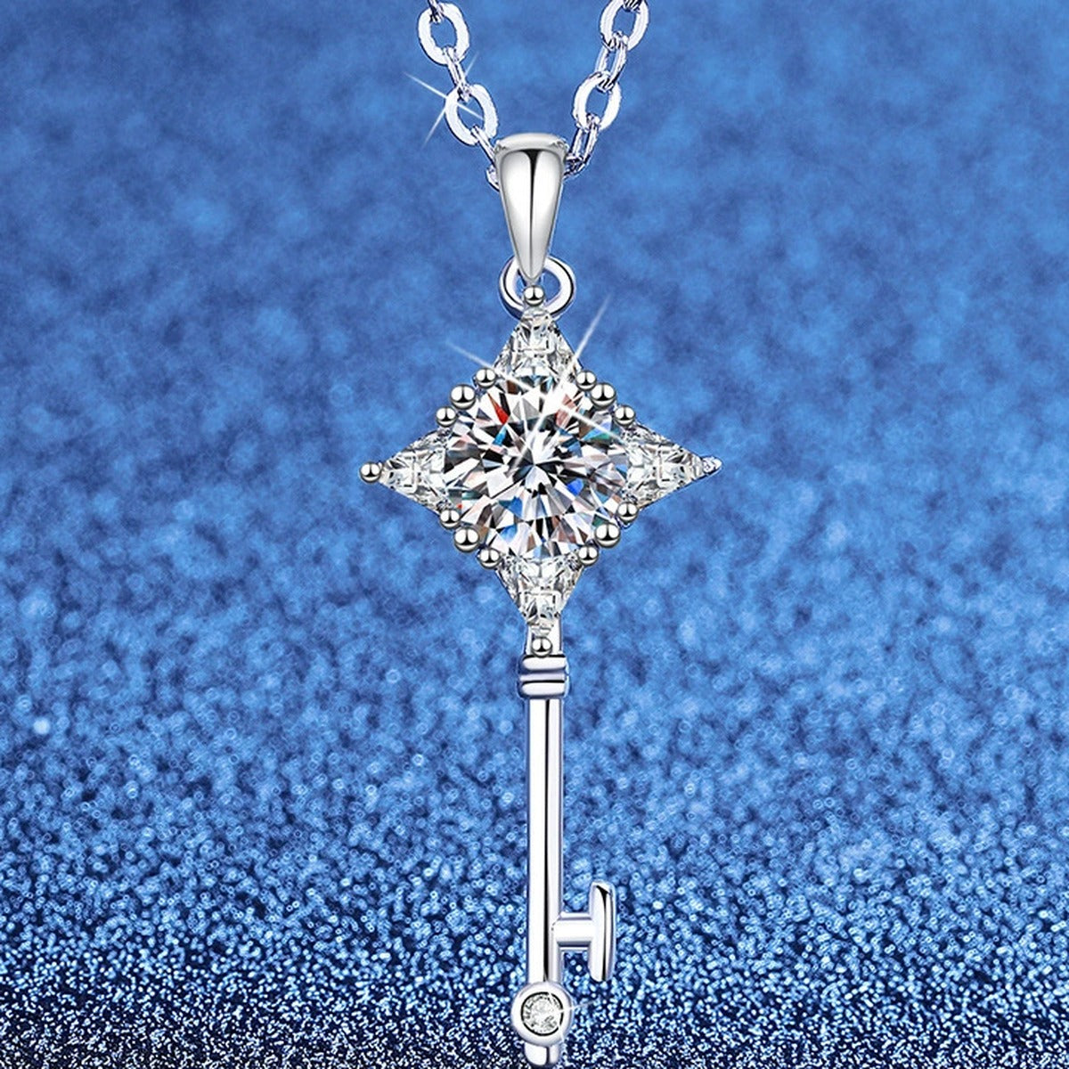 Kite Halo Moissanite Pendant Necklace with Cubic Zirconia in Platinum-Plated S925 Sterling Silver blue background product view