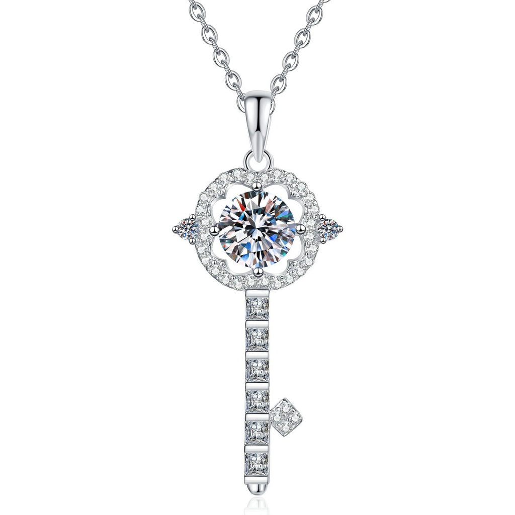 Linear Drop Moissanite Pendant Necklace with Cubic Zirconia in Platinum-Plated S925 Sterling Silver on clean white background showing the linear drop pendant with a round moissanite and slim pavé tail