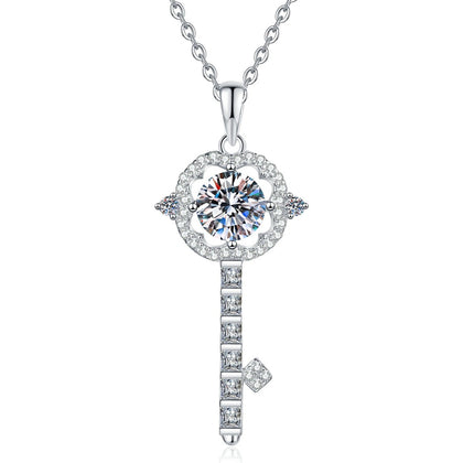 Linear Drop Moissanite Pendant Necklace with Cubic Zirconia in Platinum-Plated S925 Sterling Silver on clean white background showing the linear drop pendant with a round moissanite and slim pavé tail