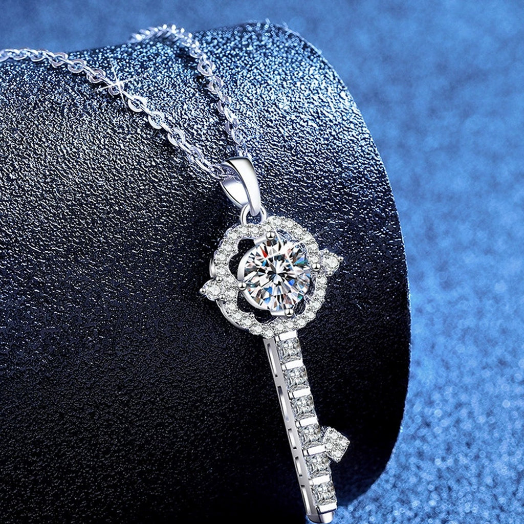 Linear Drop Moissanite Pendant Necklace with Cubic Zirconia in Platinum-Plated S925 Sterling Silver blue background product view