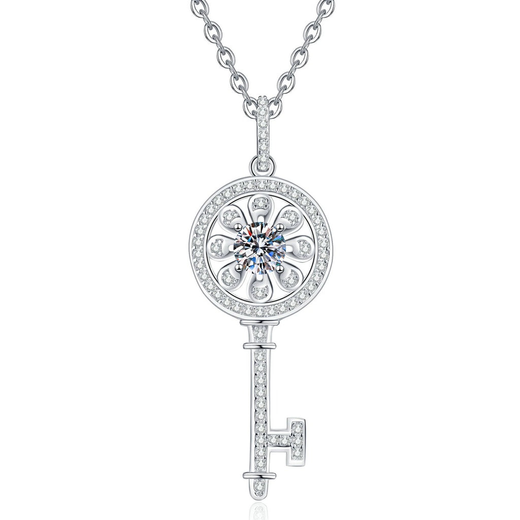 Key Moissanite Pendant Necklace with Cubic Zirconia in Platinum-Plated S925 Sterling Silver on clean white background showing the key pendant with a round moissanite center