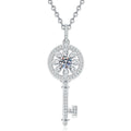 Key Moissanite Pendant Necklace with Cubic Zirconia in Platinum-Plated S925 Sterling Silver on clean white background showing the key pendant with a round moissanite center