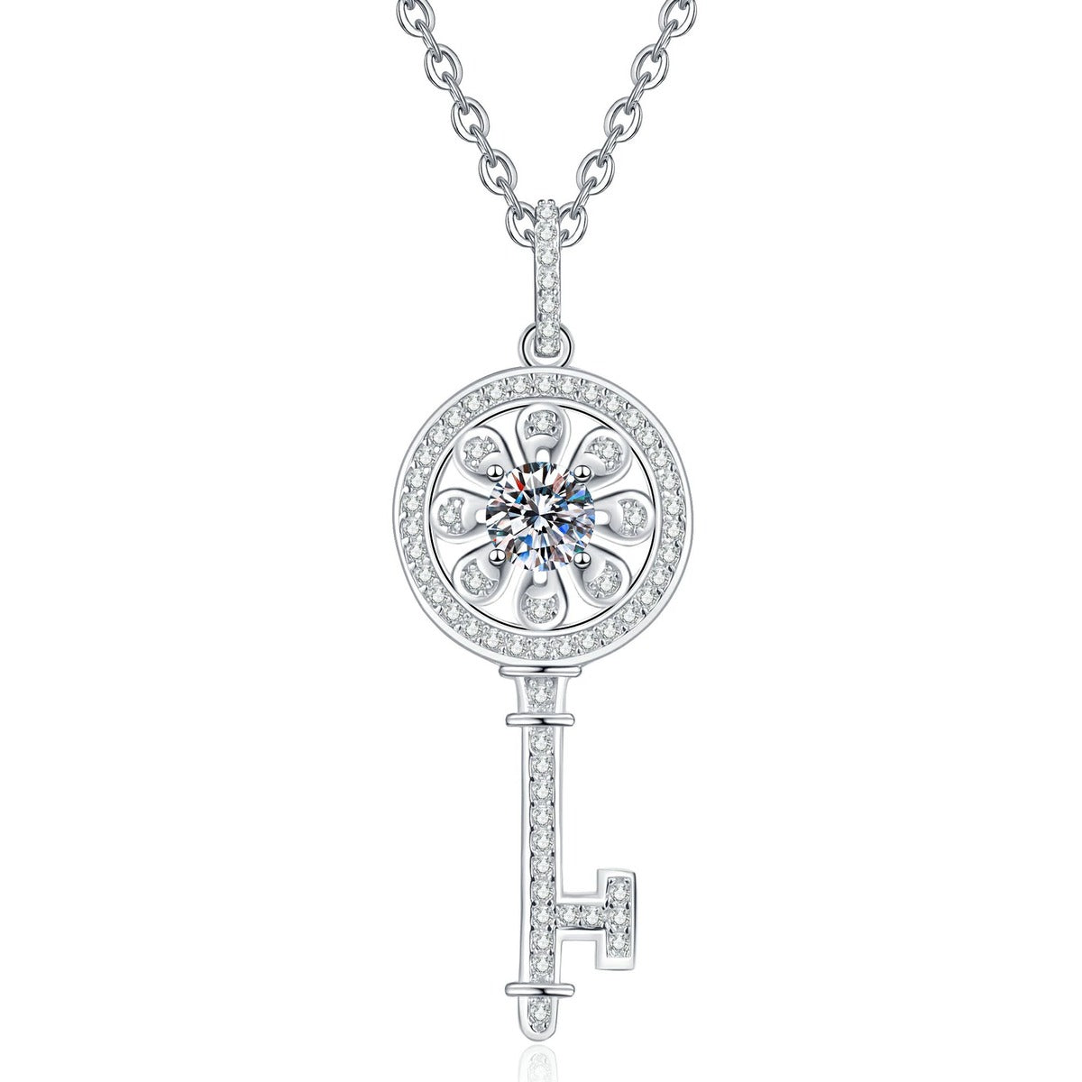 Key Moissanite Pendant Necklace with Cubic Zirconia in Platinum-Plated S925 Sterling Silver on clean white background showing the key pendant with a round moissanite center