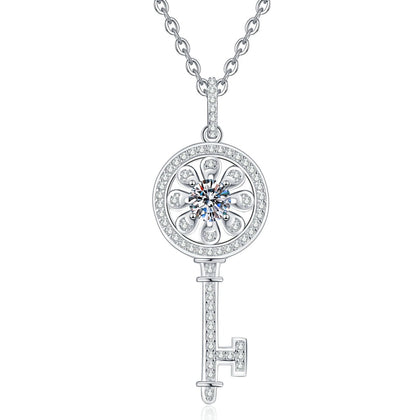 Key Moissanite Pendant Necklace with Cubic Zirconia in Platinum-Plated S925 Sterling Silver on clean white background showing the key pendant with a round moissanite center