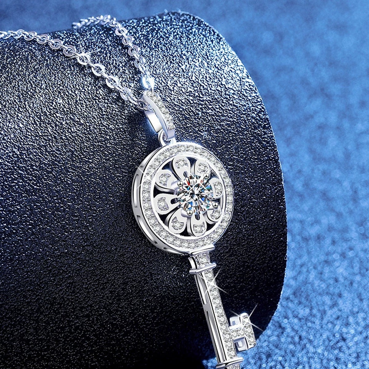 Key Moissanite Pendant Necklace with Cubic Zirconia in Platinum-Plated S925 Sterling Silver blue background product view