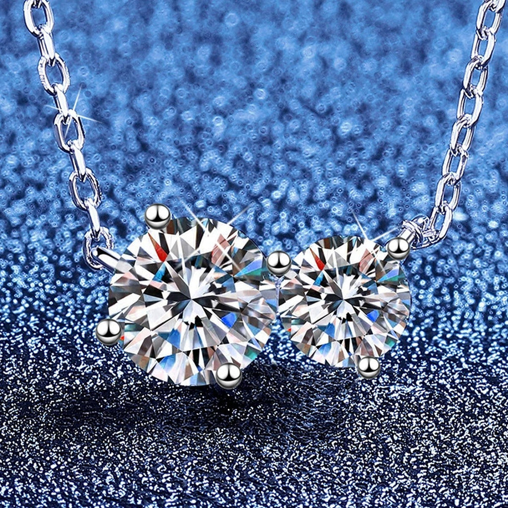 Three-Stone Moissanite Collar Necklace in S925 Sterling Silver blue background close-up view