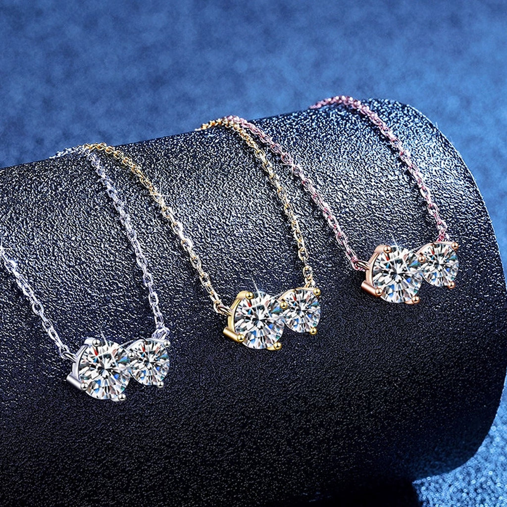 Three-Stone Moissanite Collar Necklace in S925 Sterling Silver blue background styling view