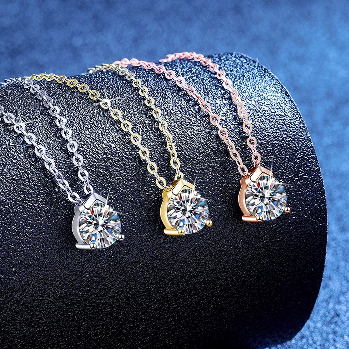 Solitaire Moissanite Collar Necklace in S925 Sterling Silver blue background product view