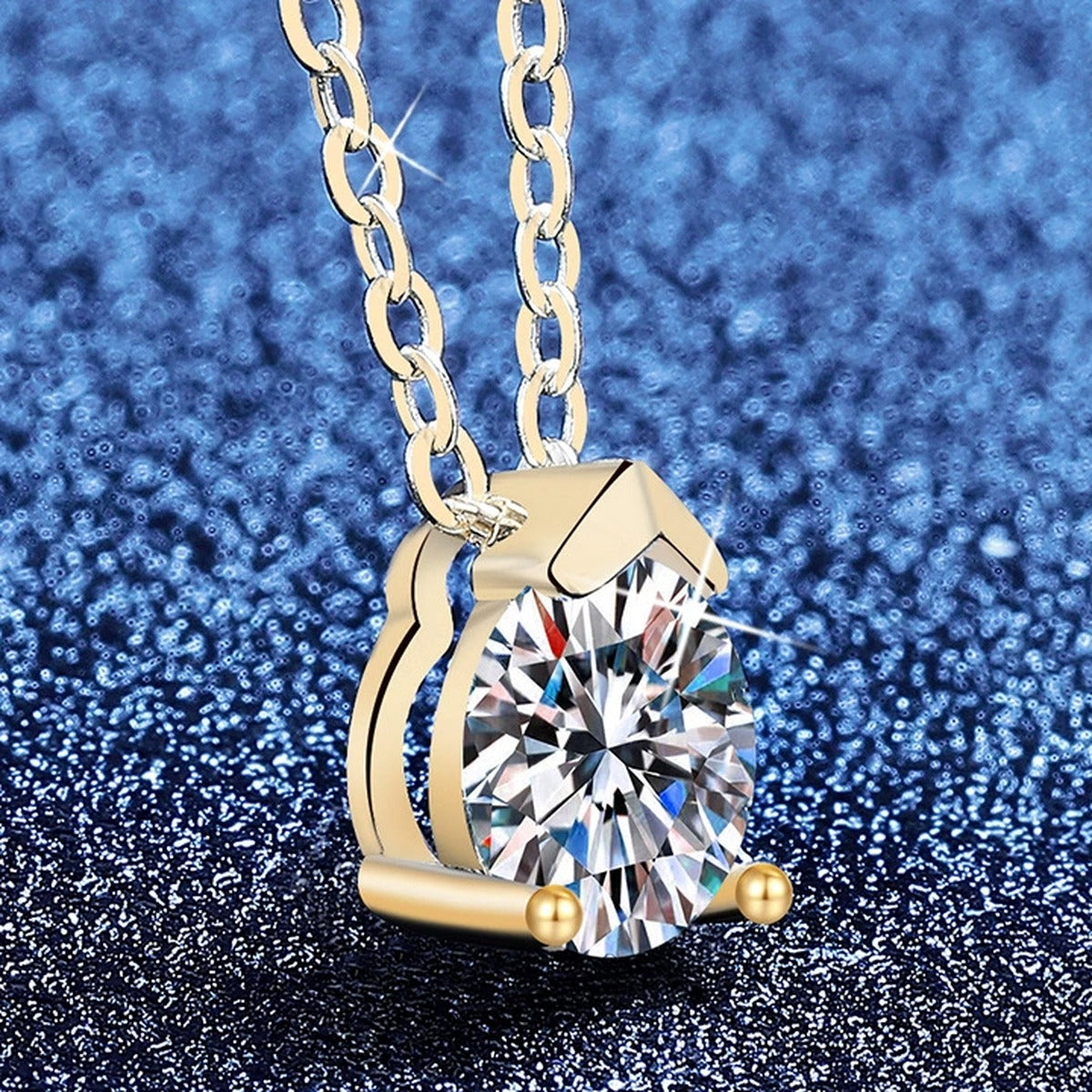 Solitaire Moissanite Collar Necklace in S925 Sterling Silver blue background angled view