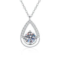 Teardrop Moissanite Pendant Necklace with Cubic Zirconia in Platinum-Plated S925 Sterling Silver on clean white background showing the teardrop pendant with a round moissanite center