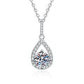 Pear Drop Moissanite Pendant Necklace with Cubic Zirconia in Platinum-Plated S925 Sterling Silver on clean white background showing the pear-shaped drop pendant with a round moissanite center