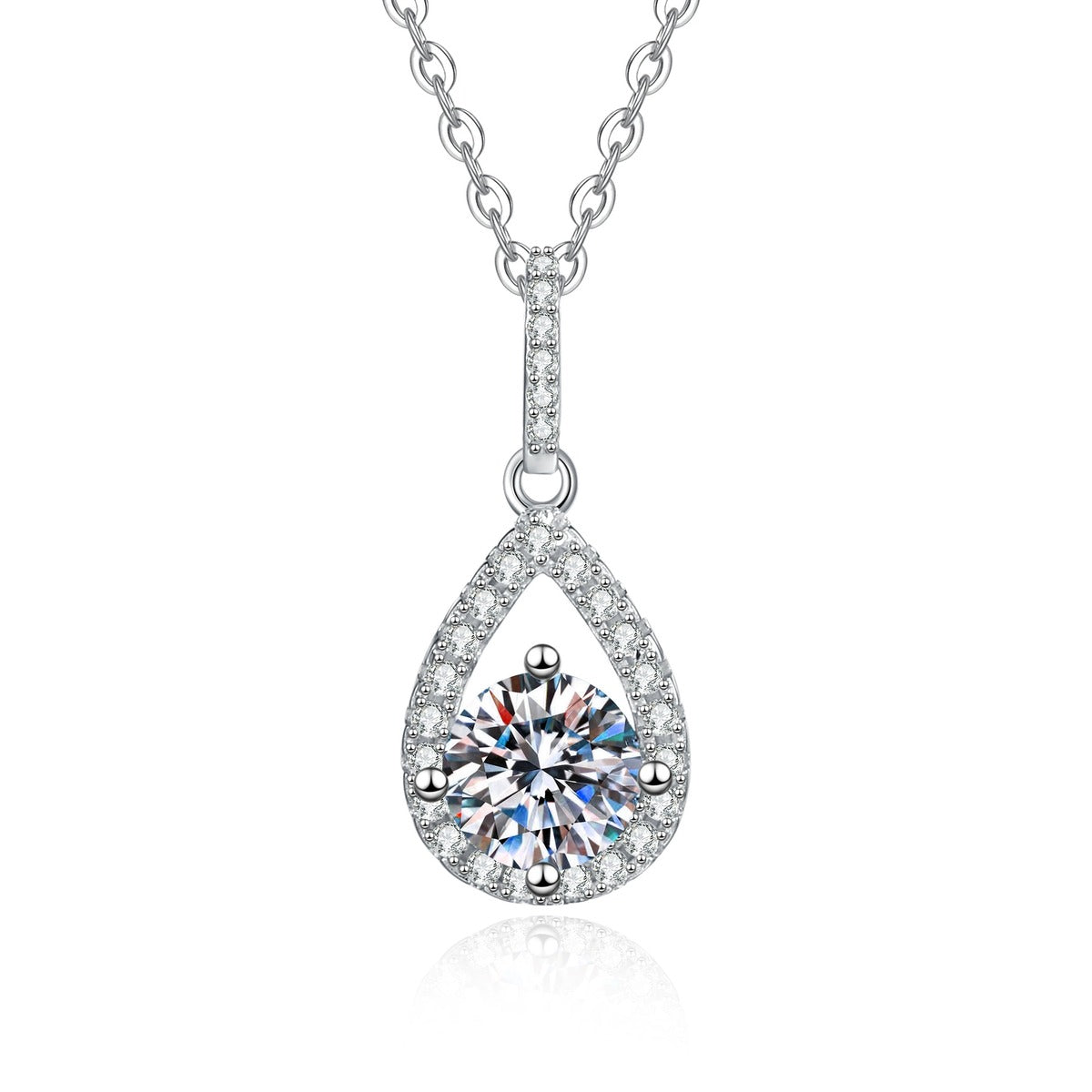 Pear Drop Moissanite Pendant Necklace with Cubic Zirconia in Platinum-Plated S925 Sterling Silver on clean white background showing the pear-shaped drop pendant with a round moissanite center