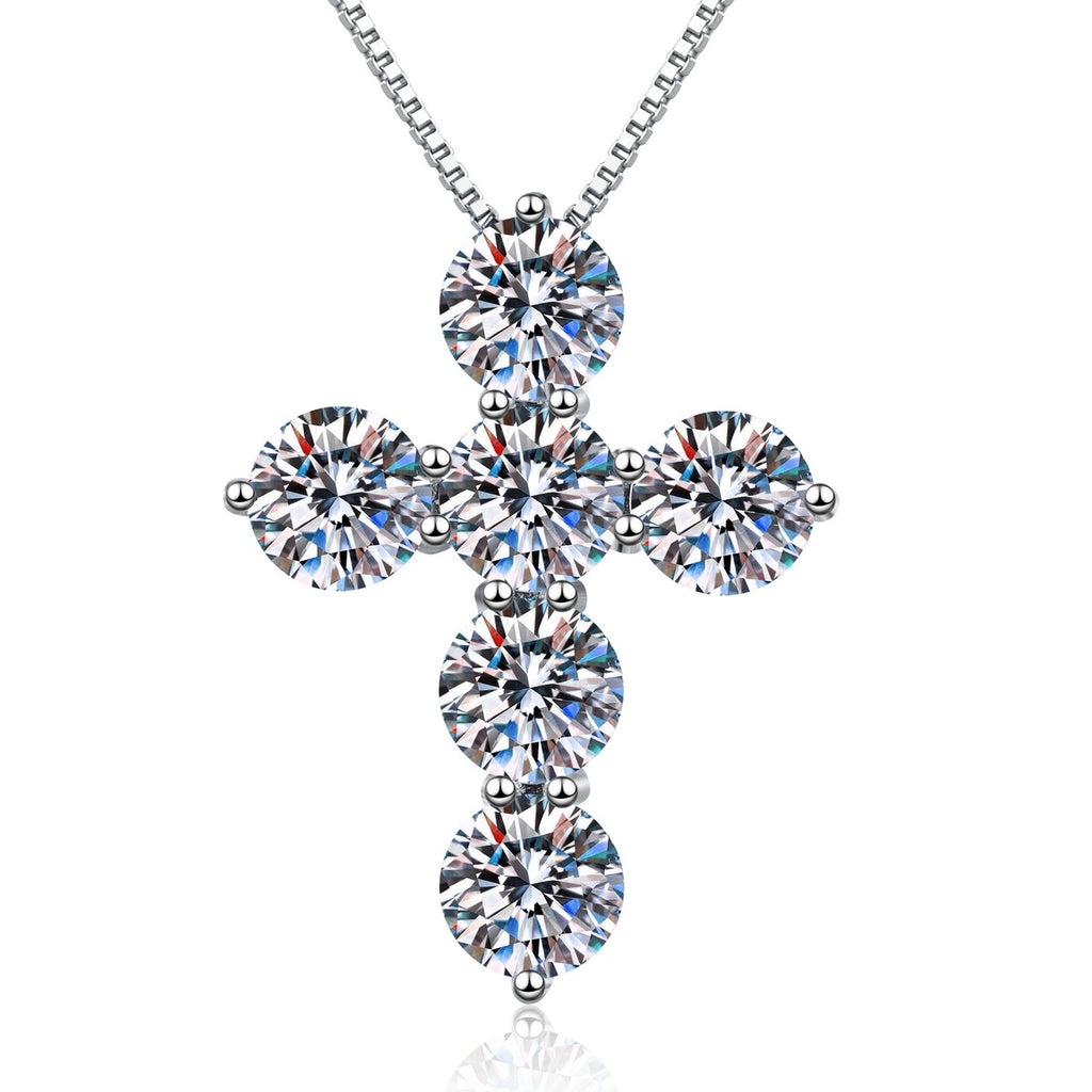 Cross Moissanite Pendant Necklace in Platinum-Plated S925 Sterling Silver on clean white background showing the bold cross pendant set with multiple moissanite stones