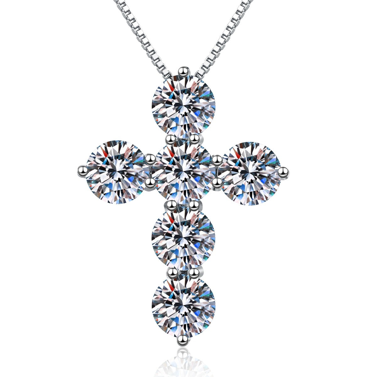 Cross Moissanite Pendant Necklace in Platinum-Plated S925 Sterling Silver on clean white background showing the bold cross pendant set with multiple moissanite stones