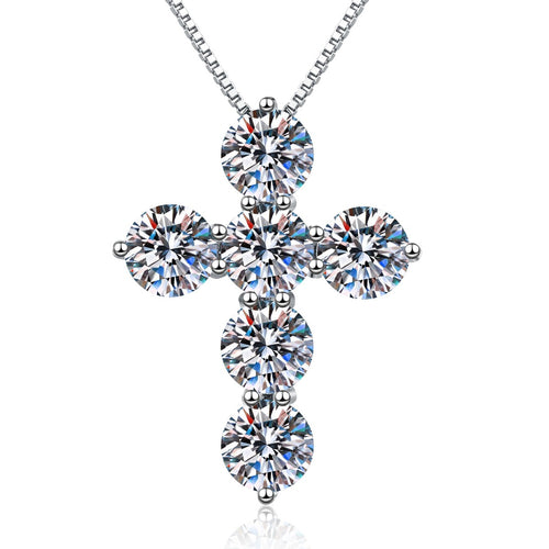 Cross Moissanite Pendant Necklace in Platinum-Plated S925 Sterling Silver on clean white background showing the bold cross pendant set with multiple moissanite stones