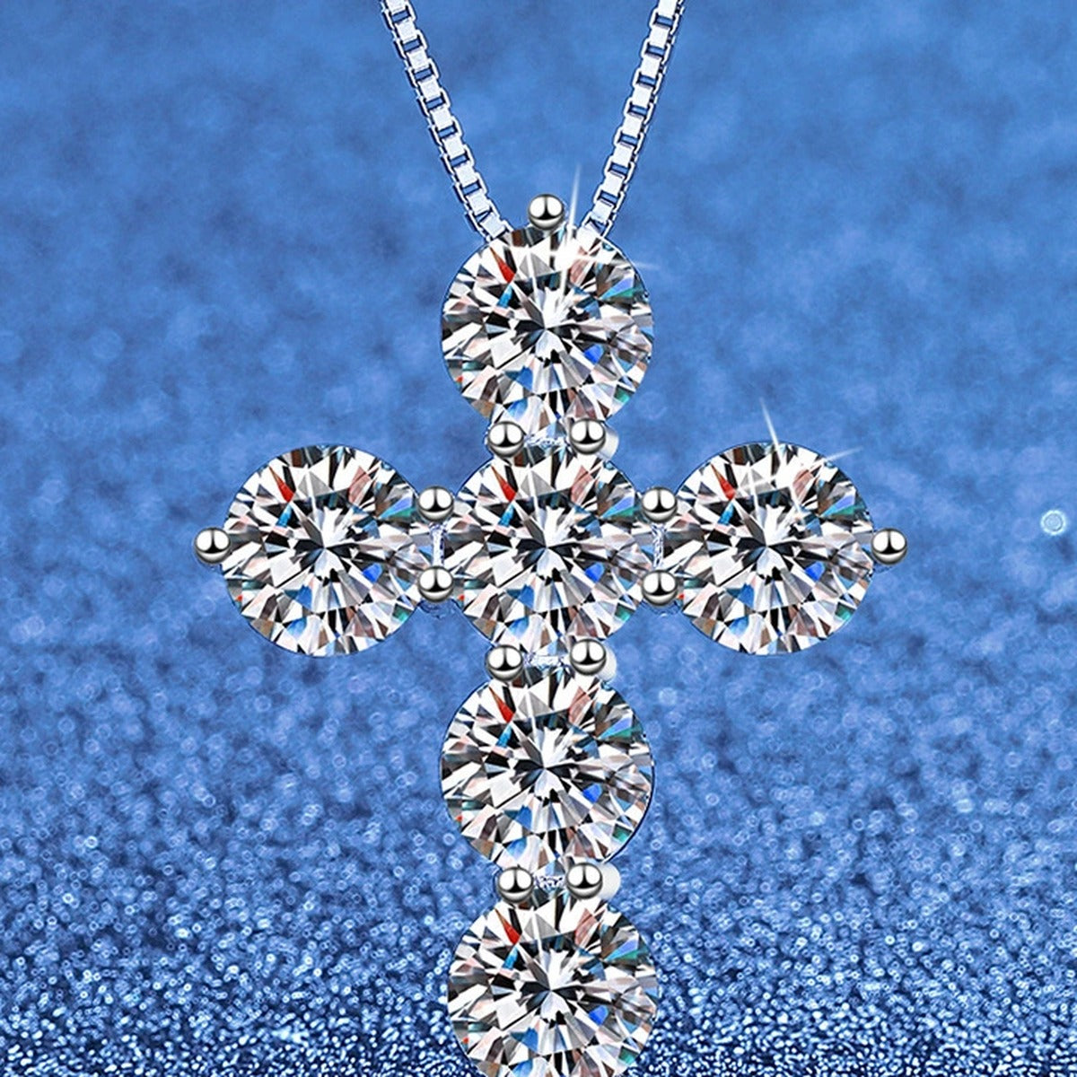 Cross Moissanite Pendant Necklace in Platinum-Plated S925 Sterling Silver blue background product view