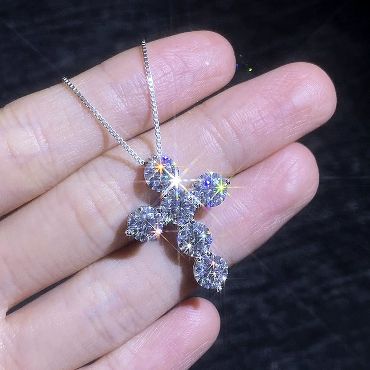 Cross Moissanite Pendant Necklace in Platinum-Plated S925 Sterling Silver dark background product display view