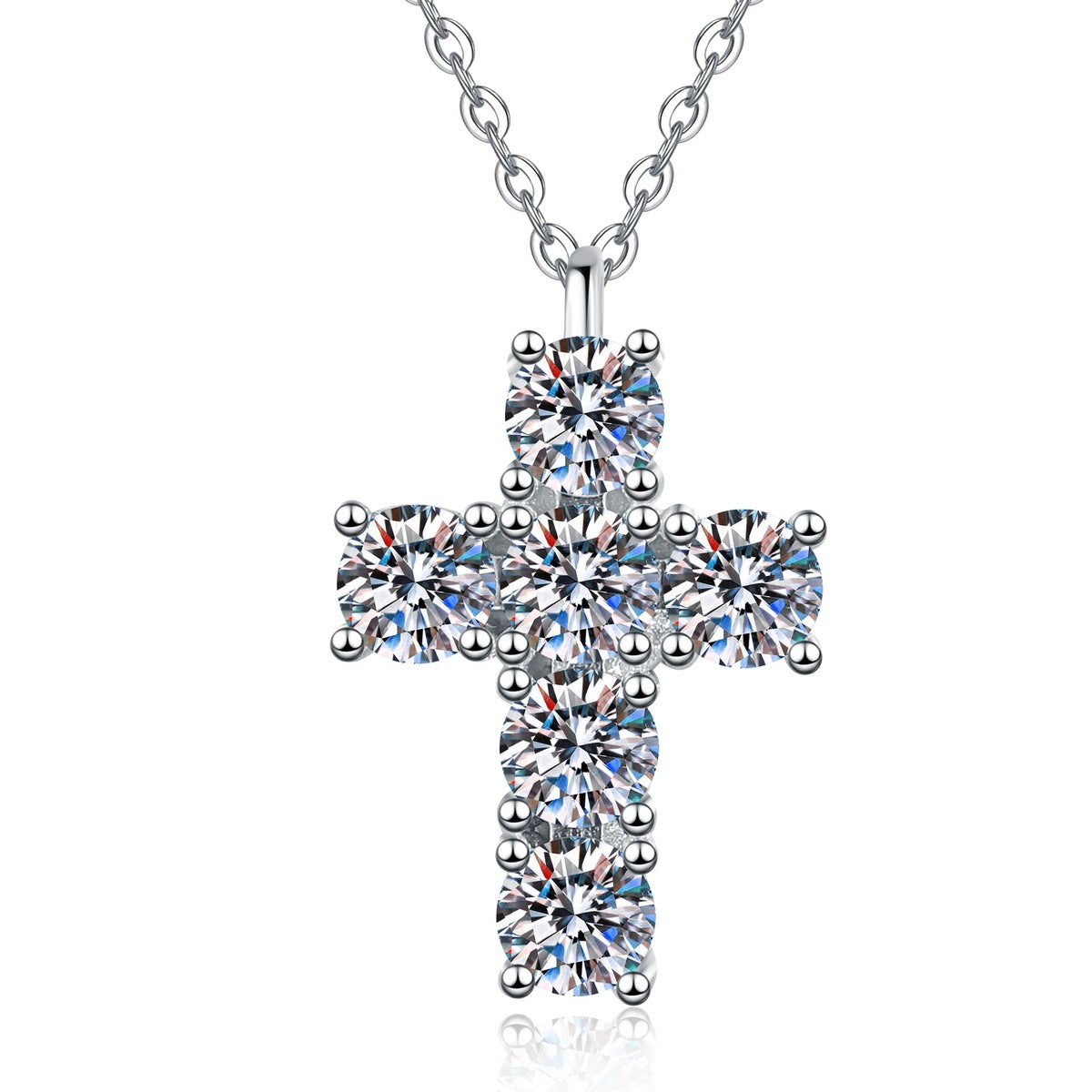 Cross Moissanite Pendant Necklace in Platinum-Plated S925 Sterling Silver on clean white background showing the cross pendant offered in two moissanite carat sizes