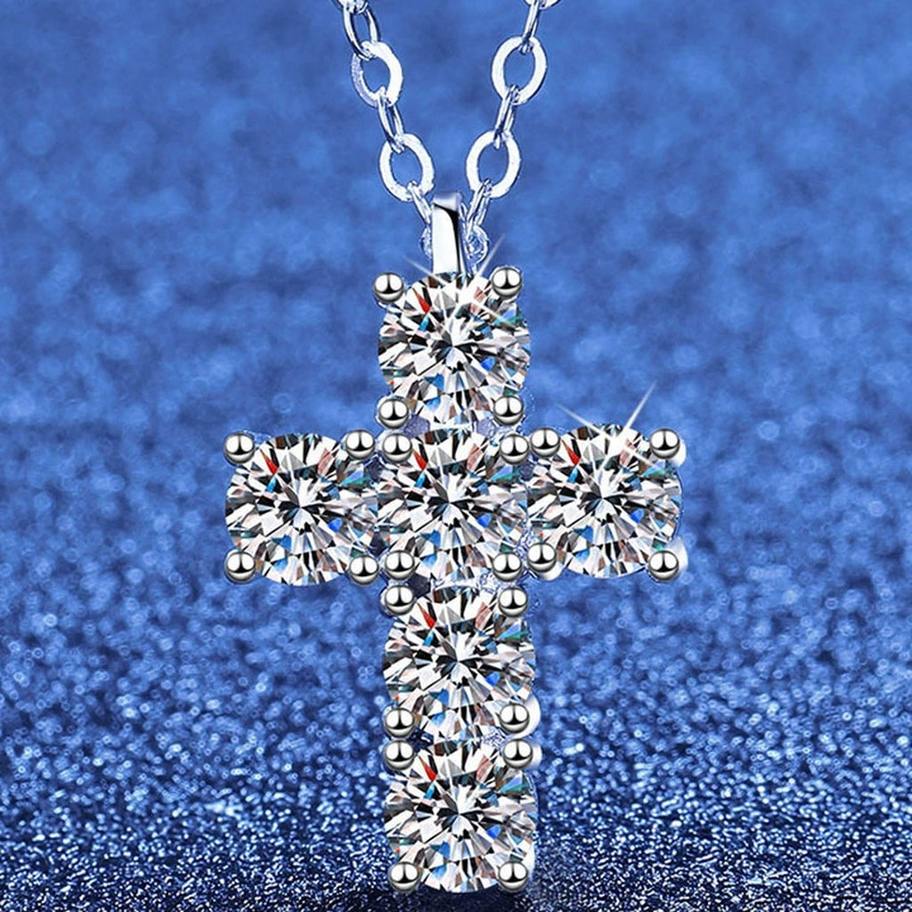 Cross Moissanite Pendant Necklace in Platinum-Plated S925 Sterling Silver blue background product view