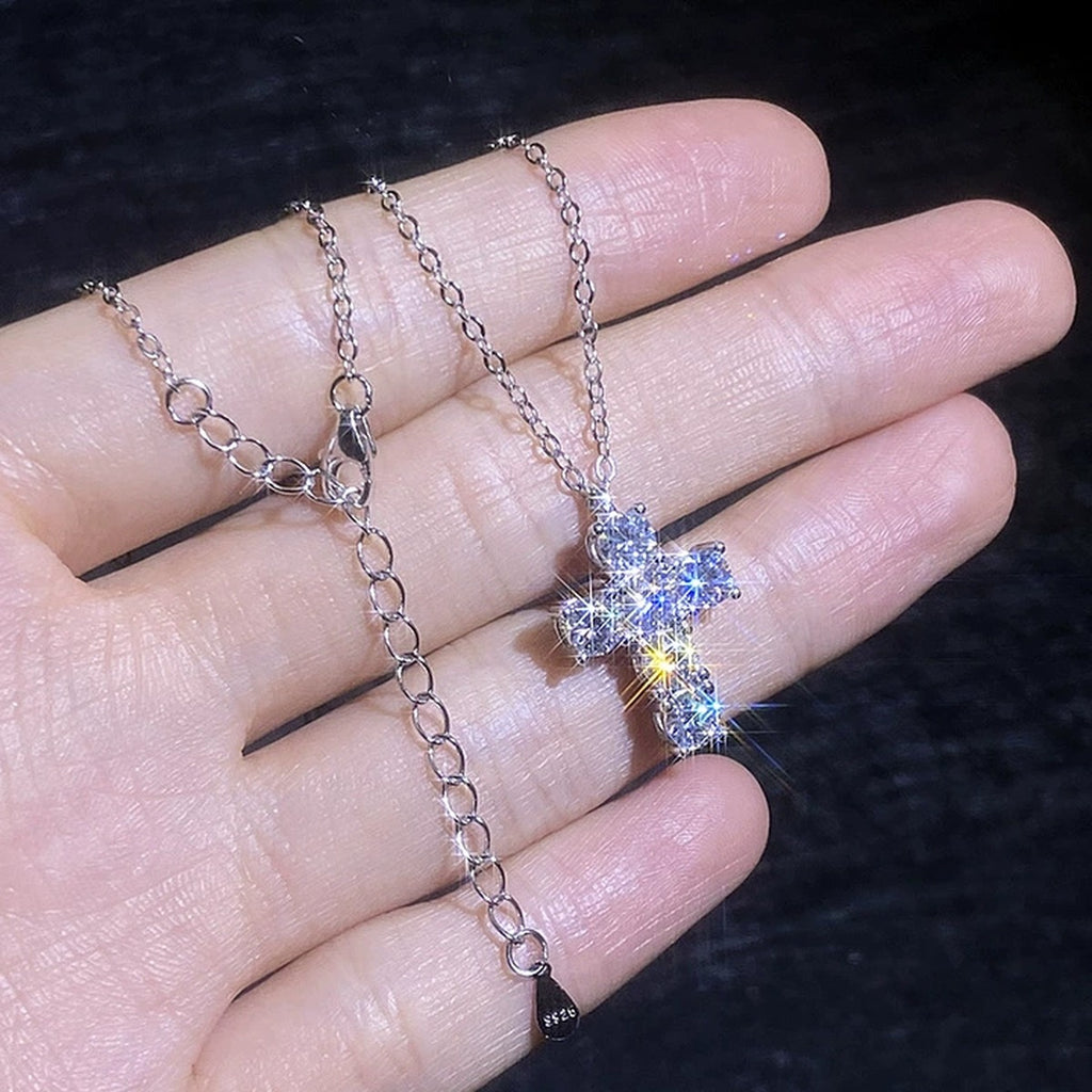 Cross Moissanite Pendant Necklace in Platinum-Plated S925 Sterling Silver dark background product display view