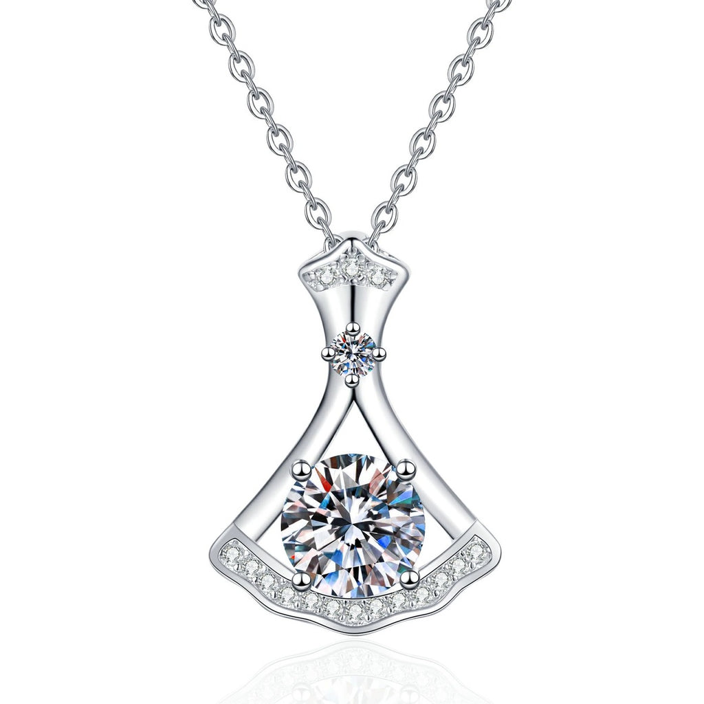 Fan Moissanite Pendant Necklace with Cubic Zirconia in Platinum-Plated S925 Sterling Silver on clean white background showing the fan-shaped open pendant with a round moissanite center and cubic zirconia accents