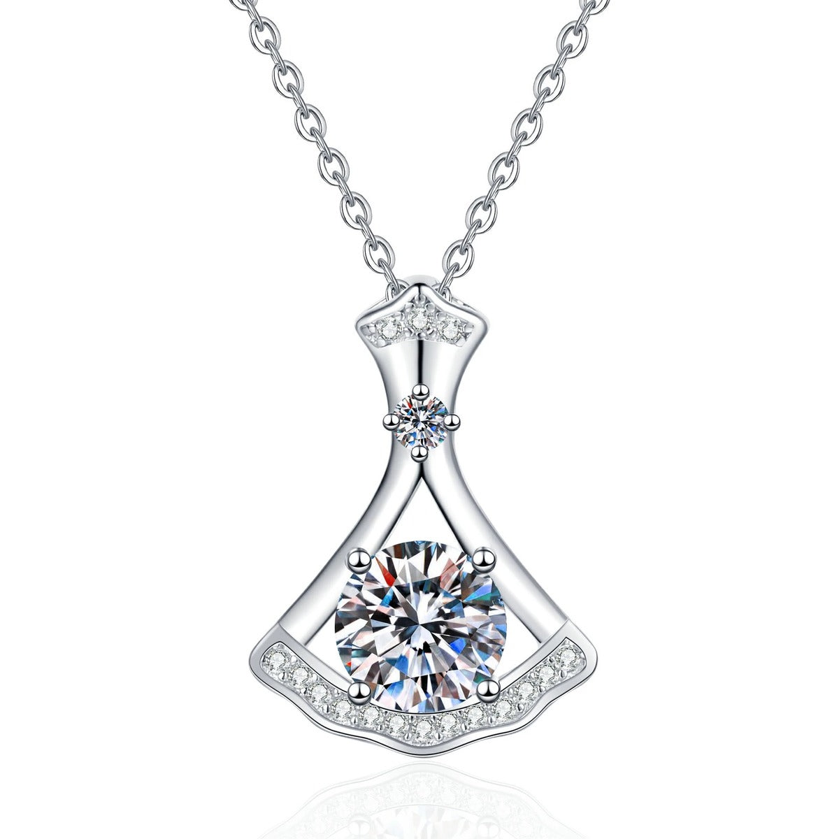 Fan Moissanite Pendant Necklace with Cubic Zirconia in Platinum-Plated S925 Sterling Silver on clean white background showing the fan-shaped open pendant with a round moissanite center and cubic zirconia accents