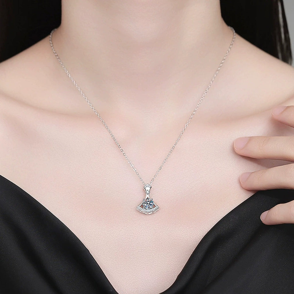 Fan Moissanite Pendant Necklace with Cubic Zirconia in Platinum-Plated S925 Sterling Silver worn on neckline by model