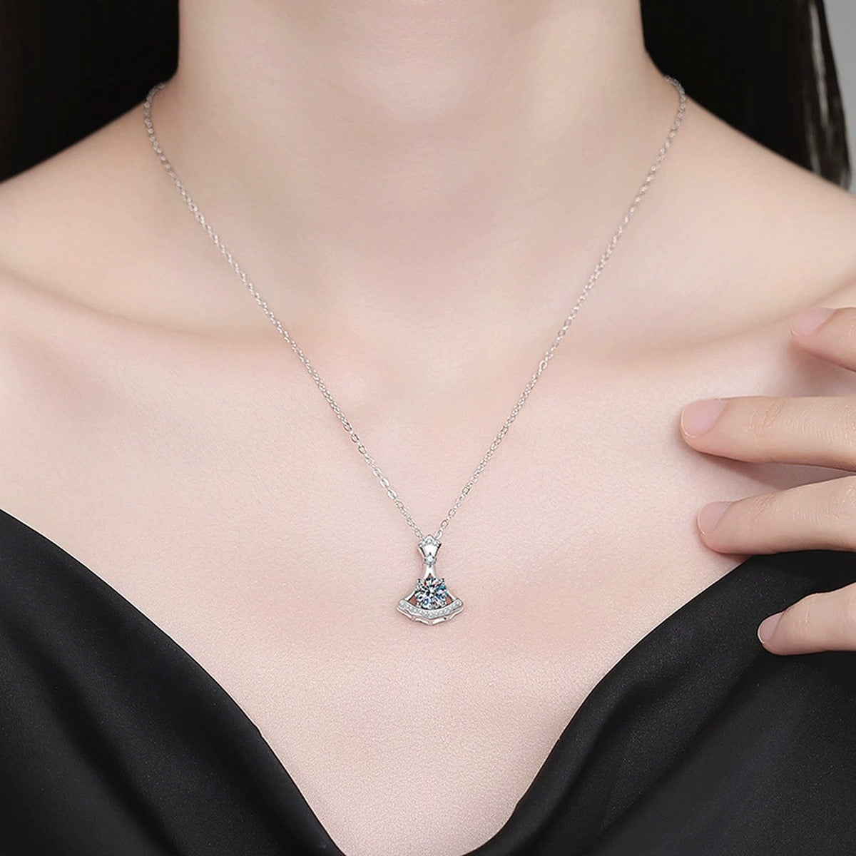 Fan Moissanite Pendant Necklace with Cubic Zirconia in Platinum-Plated S925 Sterling Silver worn on neckline by model
