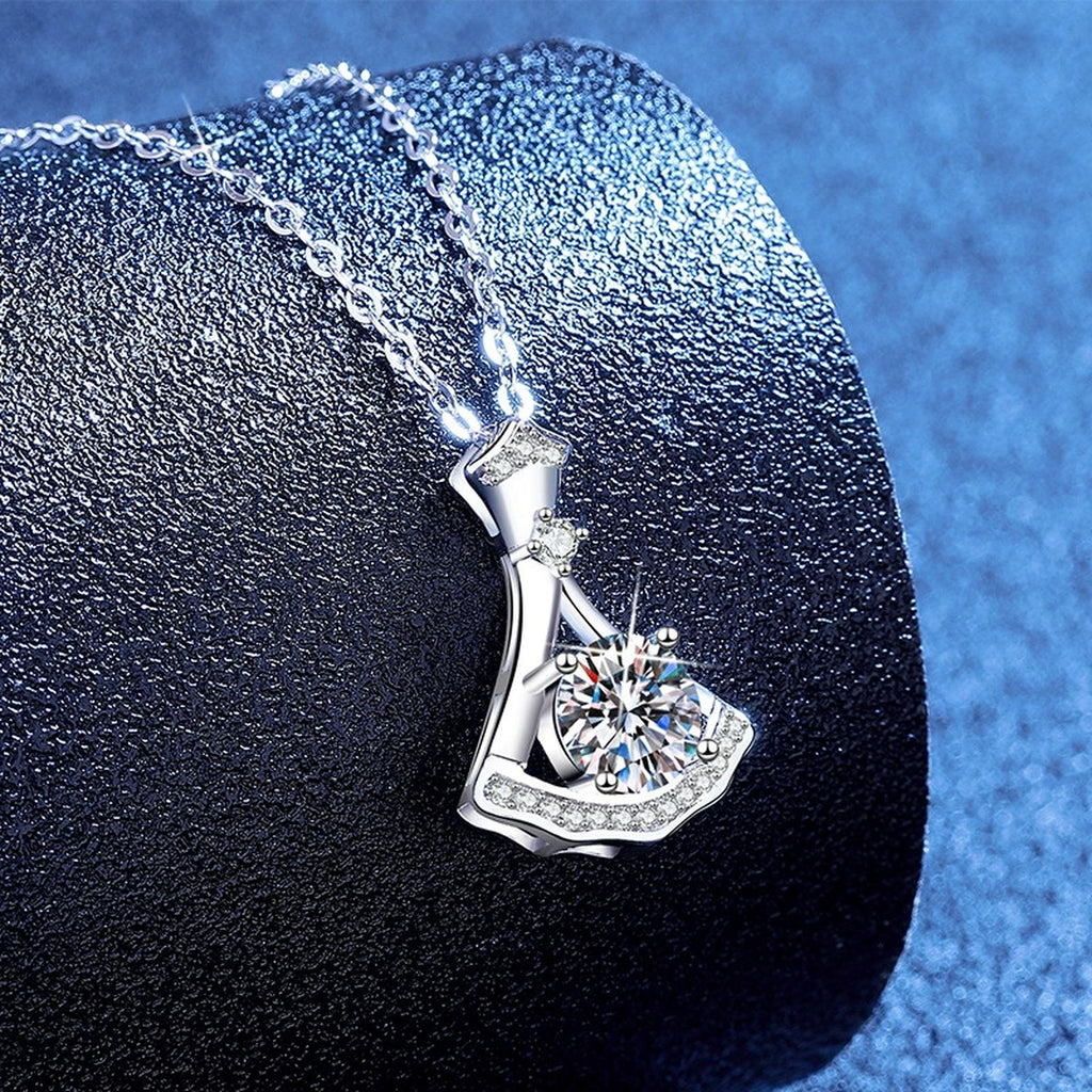 Fan Moissanite Pendant Necklace with Cubic Zirconia in Platinum-Plated S925 Sterling Silver blue background product view