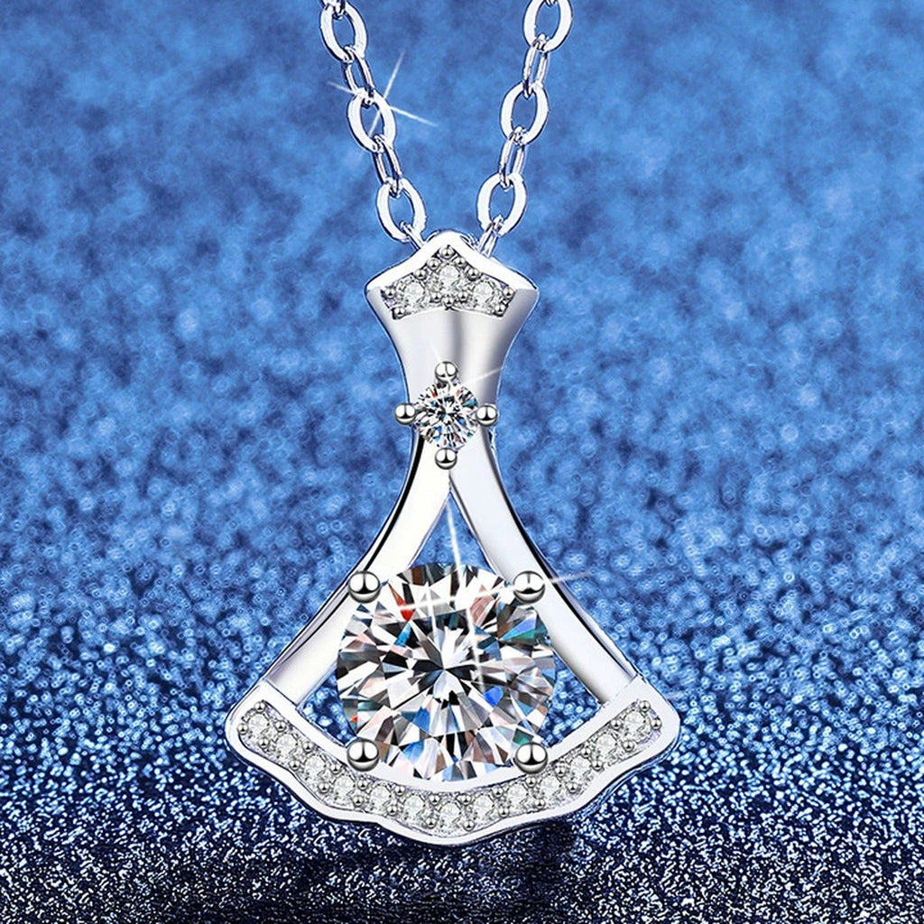 Fan Moissanite Pendant Necklace with Cubic Zirconia in Platinum-Plated S925 Sterling Silver blue background angled view