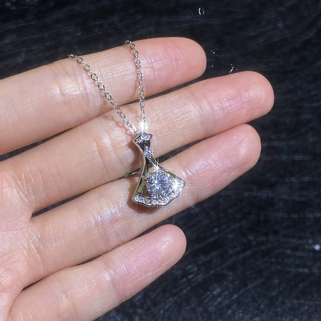 Fan Moissanite Pendant Necklace with Cubic Zirconia in Platinum-Plated S925 Sterling Silver close-up product detail view