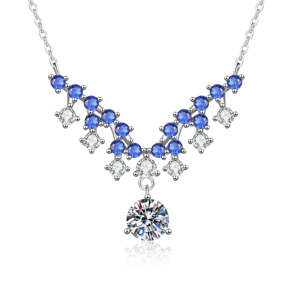 Blue Accent Graduated Moissanite Drop Necklace with Cubic Zirconia in Platinum-Plated S925 Sterling Silver on clean white background showing the graduated drop necklace with blue accent stones and a round moissanite drop