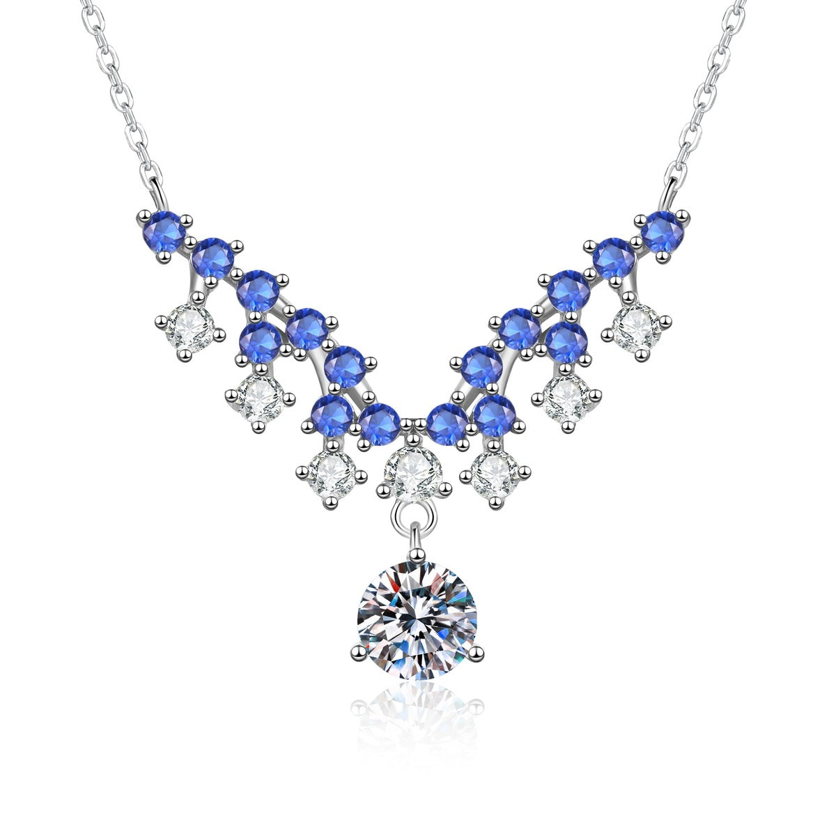 Blue Accent Graduated Moissanite Drop Necklace with Cubic Zirconia in Platinum-Plated S925 Sterling Silver on clean white background showing the graduated drop necklace with blue accent stones and a round moissanite drop
