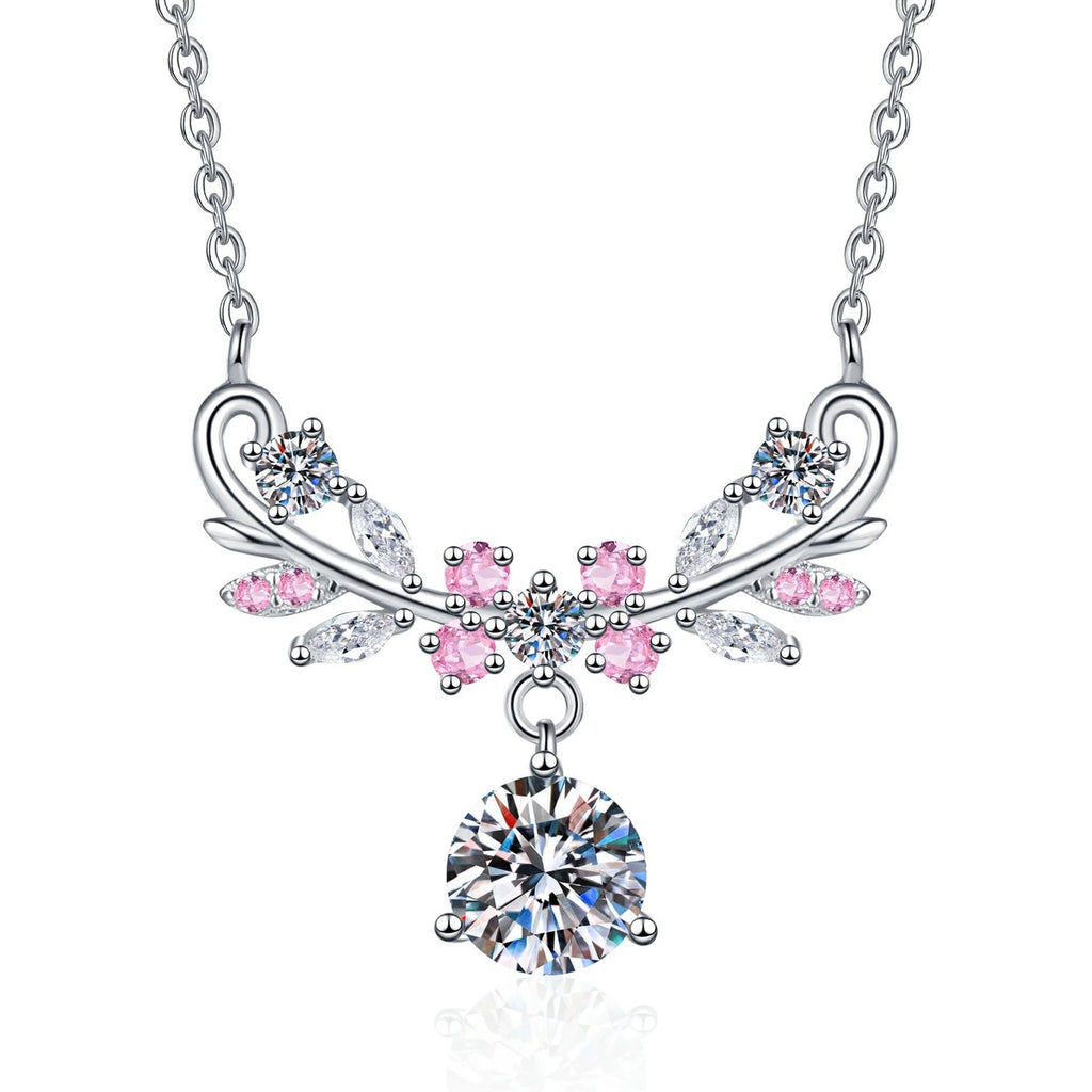 Pink Accent Wing Moissanite Pendant Necklace with Cubic Zirconia in Platinum-Plated S925 Sterling Silver on clean white background showing the wing-inspired pendant with pink accents and a round moissanite drop