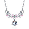 Pink Accent Wing Moissanite Pendant Necklace with Cubic Zirconia in Platinum-Plated S925 Sterling Silver on clean white background showing the wing-inspired pendant with pink accents and a round moissanite drop