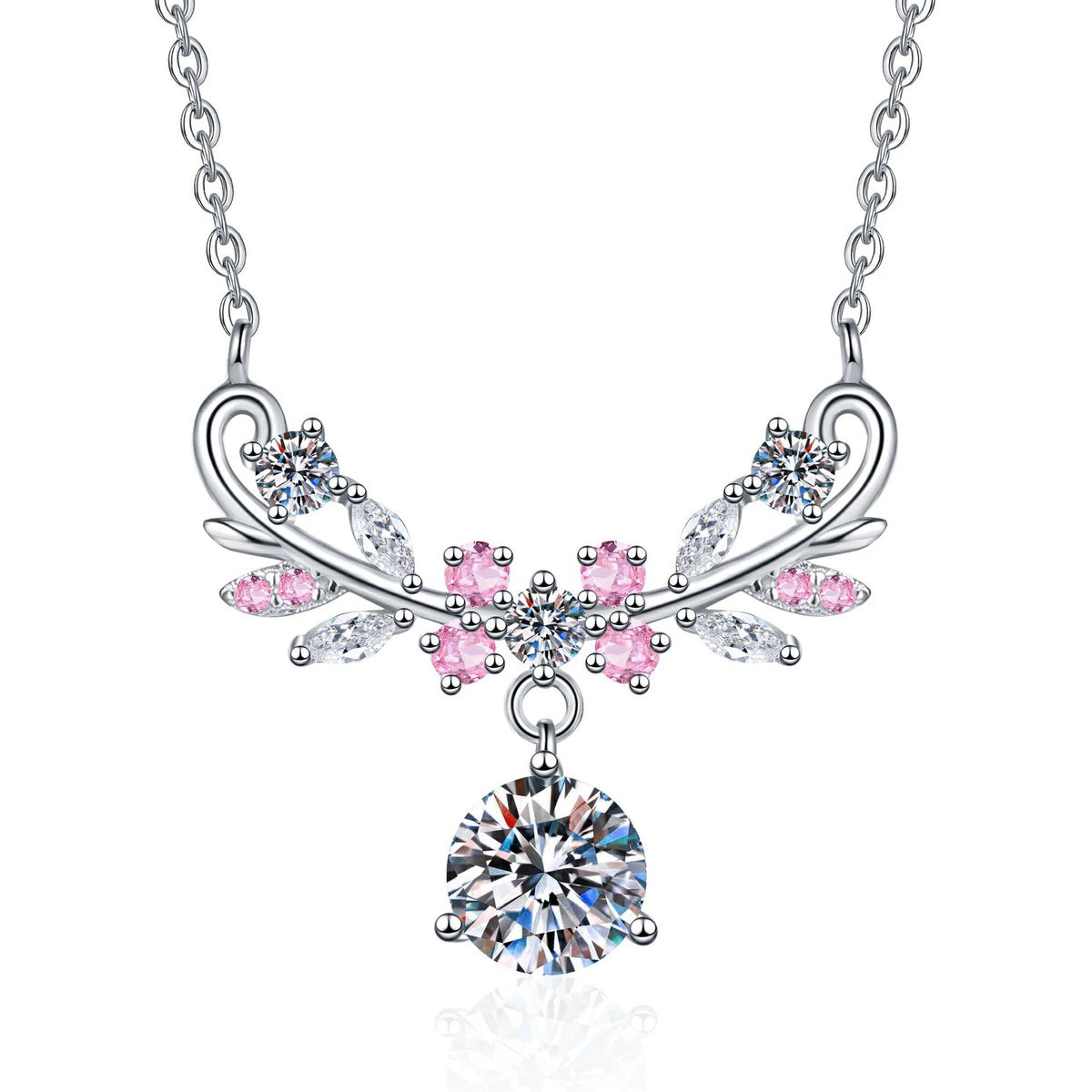 Pink Accent Wing Moissanite Pendant Necklace with Cubic Zirconia in Platinum-Plated S925 Sterling Silver on clean white background showing the wing-inspired pendant with pink accents and a round moissanite drop