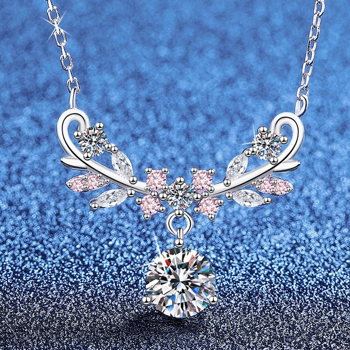 Pink Accent Wing Moissanite Pendant Necklace with Cubic Zirconia in Platinum-Plated S925 Sterling Silver blue background product view