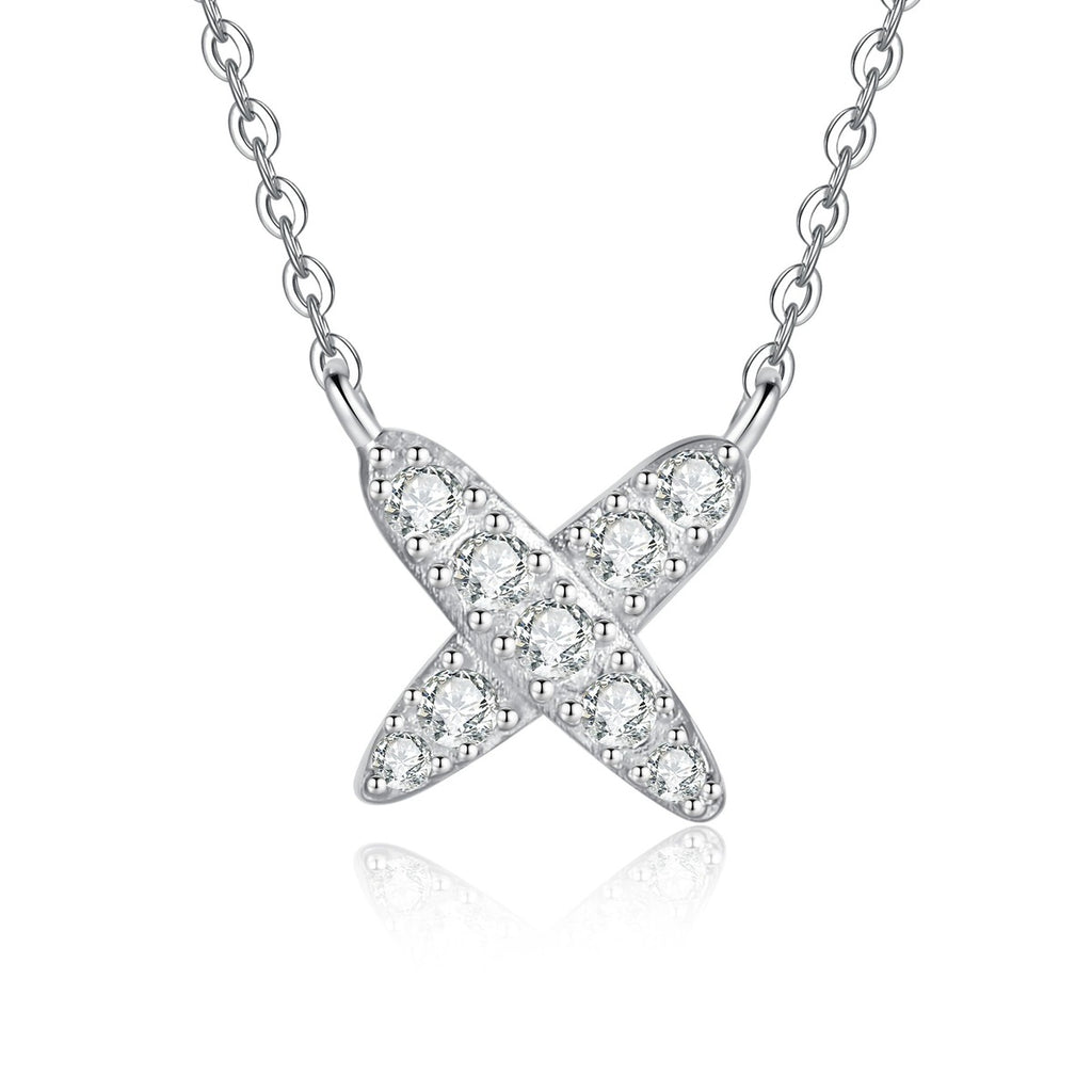 X Motif Moissanite Pendant Necklace in Platinum-Plated S925 Sterling Silver on clean white background showing the X-shaped pavé moissanite pendant with a polished open silhouette