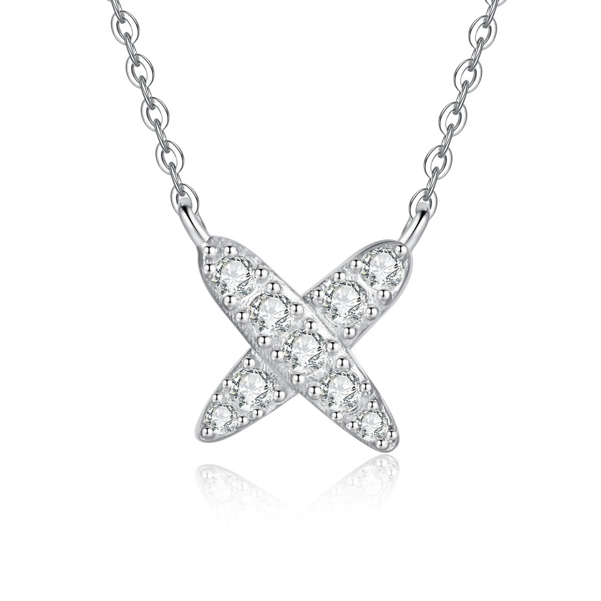 X Motif Moissanite Pendant Necklace in Platinum-Plated S925 Sterling Silver on clean white background showing the X-shaped pavé moissanite pendant with a polished open silhouette